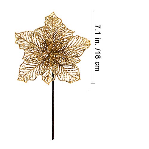 24 Pcs Christmas Gold Glitter Mesh Holly Leaf Artificial Poinsettia Flowers Stems Tree Ornaments 6.6" W For Gold Christmas Tree Wreath Garland Gift Floral Winter Wedding Holiday Decoration #TOP1