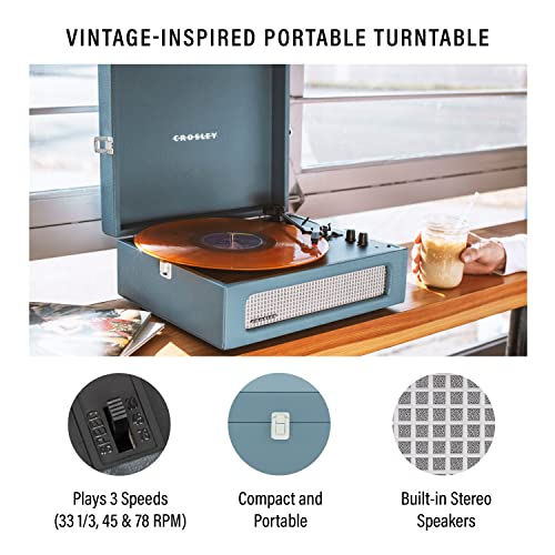 Image of Crosley CR8017B-WB Voyager Record Player, Washed Blue | 3-Speed Turntable, Bluetooth In / Out, Built-in Full-Range Stereo Speakers, Adjustable Pitch Control
