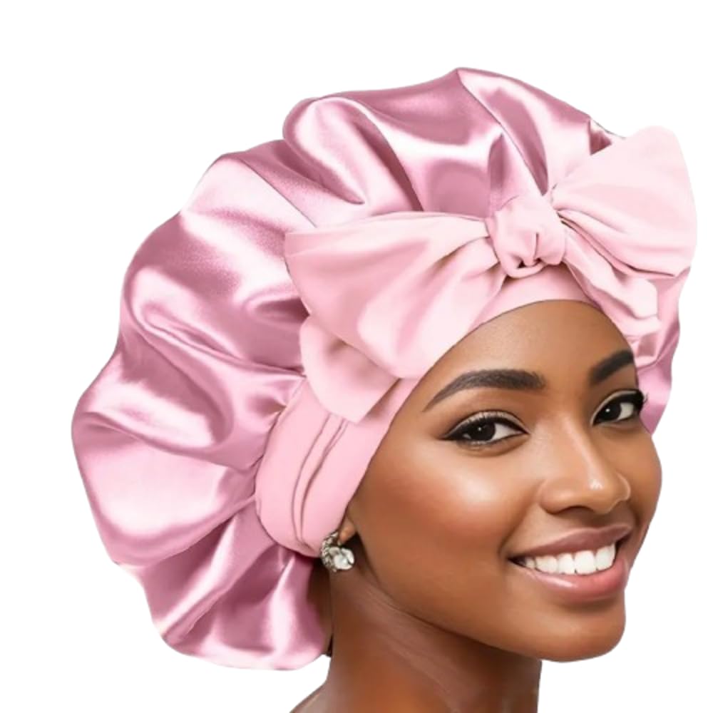 Boolavard Women's Pink Double Layer Silk Satin Bonnet For Sleeping With Tie Band For Curly Hair