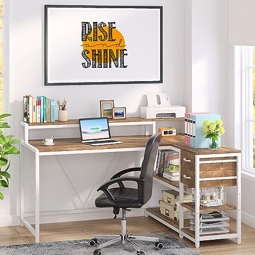 Image of Tribesigns L Shaped Desk with Drawers and Monitor Stand, L Corner Desk with Storage Shelves, Beige Wooden PC Table for Samll Home Office