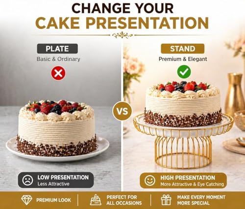 Image of Cake Stand with Gold Wire Base, White Metal Top, Round Pedestal for Dessert Display Premium Metal Cake Stand with White Tray & Gold Finish Base | Elegant Dessert Stand for Cakes, Pastries & Fruits | Decorative Serving Platter for Home, Parties & Gifting