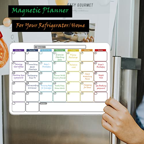 Image of Awestuffs Magnetic Dry Erase Monthly Planner for Refrigerator - Stain Resistant Whiteboard Sheet - with 4 Markers and Eraser - [45 x 30 cm] [Made in India] (Monthly Planner)