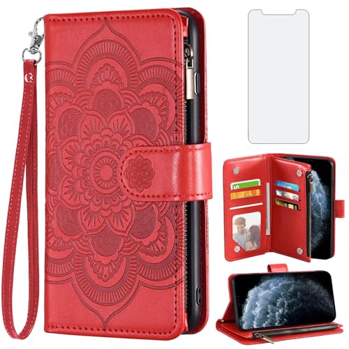 Étui iPhone 11 Pro Asuwish en cuir rouge avec porte-cartes et film protecteur d'écran