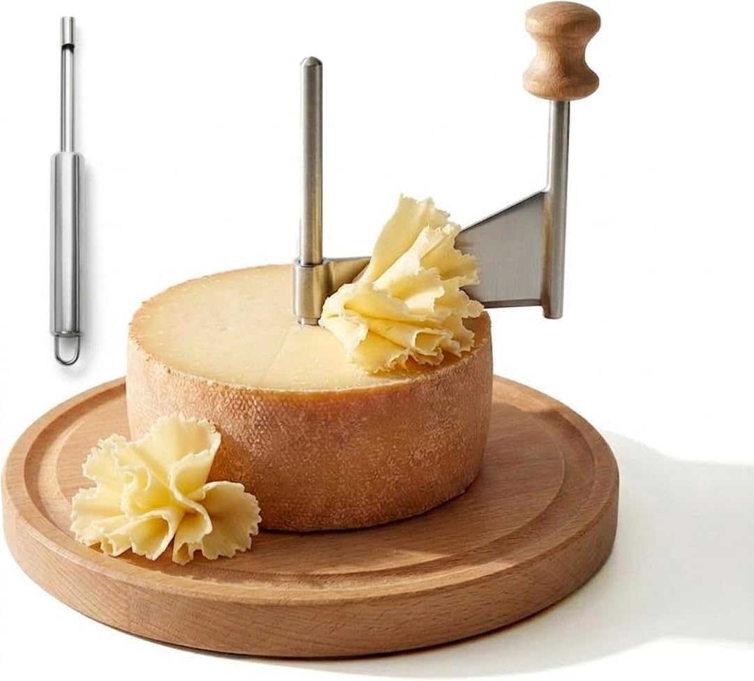 Stainless Steel Cheese Curler with Non-Slip Wooden Base, Rust-Proof & Easy to Use Cheese Shaver for Tete de Moine, Ideal for Home Cafes Restaurants and Dessert Shops