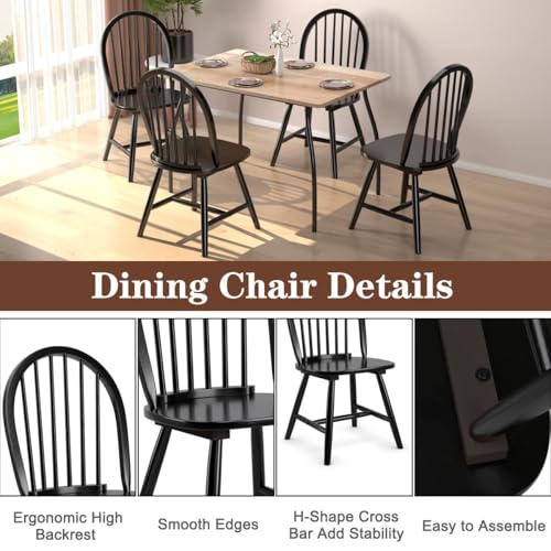 Image of COSTWAY Windsor Dining Chairs Set of 4, Mid-Century Modern Wood Chairs w /Spindle Back & Reinforced H-Shaped Legs, Farmhouse Armless Kitchen Chair for Living Dining Room, Restaurant (Black)