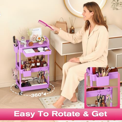 Image of Goovilla Rolling Makeup Organizer Cart with Removable Drawer, 3 Tier Stable Purple Floor Skincare Storage Cart for Vanity, Cosmetic Display, Nail Polish, Perfume, Hair Stuff, Beauty, Bathroom(Plastic)