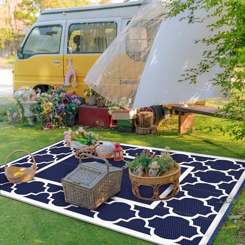 Image of GENIMO Outdoor Rug, Waterproof Plastic Rugs for Patio, 5'x8' Blue White