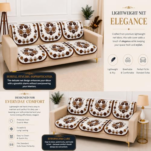 Image of Homerz Premium 'Surya Series' Sofa Cover | Stylish Sofa Protector | Net Fabric | Anti-Stain & Washable Slip Cover Exact Size Antislip (Daisy Brown, 5 (3+1+1) Seater, Seat Cover with Backrest)