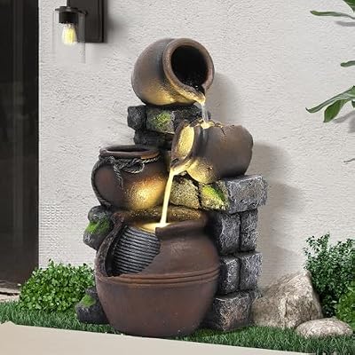 Dephet Outdoor Cascading Rock Water Fountain, 4-Tiers Fountains and Waterfalls with LED Lights, Indoor Freestanding Resin Waterfall Feature w/Pump for Patio, Garden, Backyard, Deck, Porch, Home Decor