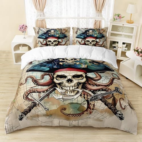AILONEN 3D Pirate Captain Skull Duvet Cover Set King Size, Skeleton Bones with Octopus Bedding Set for Kids,Boys,Girls,Nautical Map Theme Comforter Cover,3-Pieces,1 Quilt Cover and 2 Pillowcases