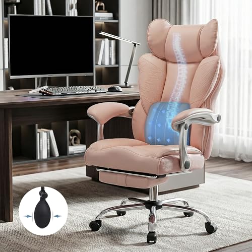 Image of DROGO Emperium Office Chair for Work from Home 400LBS | Ergonomic Executive Boss Chair with PU Leather, High Back, Spacious Cushion Seat & Pumping Lumbar Support | Premium Metal Base & Footrest (Pink)