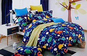 Fablicious Polycotton Dinosaurs Print Jurassic Cartoon Bedsheet For Kids Double Bed Boys/Girls - Sheet Size 90X100 Inch With 2 Pillow Covers, Multicolored