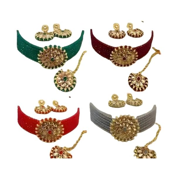 Gold Plated Pearl Beaded Adjustable Choker Necklace with Earring Maang Tikka Jewellery Set