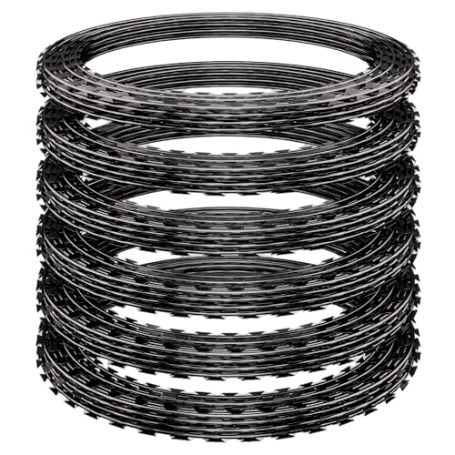 296ft Razor Wire 6 Rolls Black Razor Fencing Galvanized Concertina Wire with Pliers Gloves Warning Sign for Garden Farm Factory Security