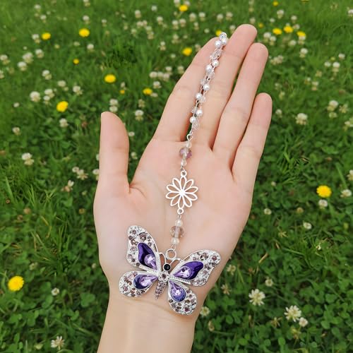 Luneclat Car Mirror Hanging Accessories - Purple Butterfly Crystal Rhinestone Pendant for Rear View Mirror, Cute Car Interior Accessory for Women, Gift for Driver Mom Friends - Thumbnail 3