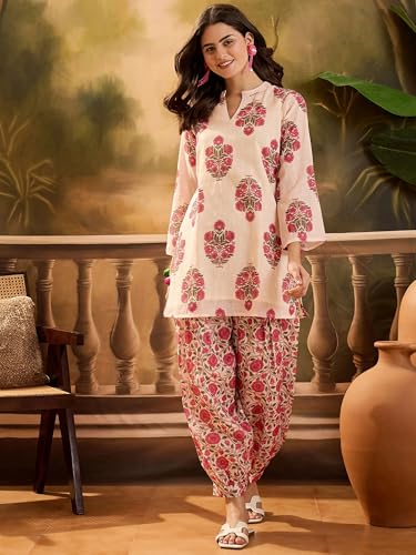 Image of EthnicJunction Women's Linen Floral Print Summer Wear Straight Short Kurti With Afghani Pant Set | Co Ord Set for Women Stylish | Fusion wear Women
