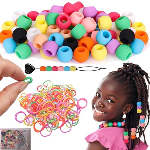 100pcs Silicone Hair Beads for Kids Girls, 5mm Silicone beads for hair with 50 Elastic Rubber Bands, 1 Plastic Quick Beader and 1 container, Soft beads for hair braids kids, Teens. (10 Colors)