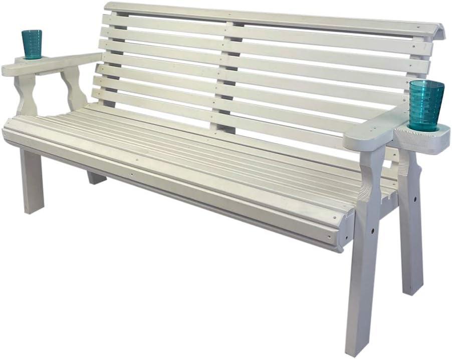 Amish Casual Heavy Duty Pressure Treated 5 Foot Outdoor Garden Bench with Cup Holders - Amish Crafted Roll Back Design in Black Stain, 700 Lb Weight Capacity