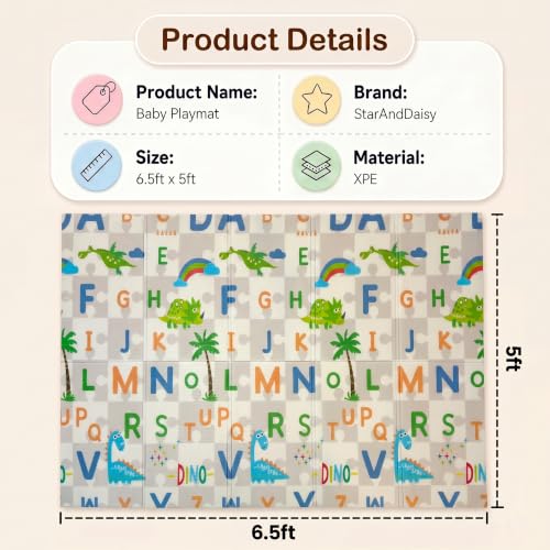 Image of StarAndDaisy Foldable Baby Play Mat 5 x 6.5 ft, 6MM Thick XPE Foam Playmat, Reversible 2-in-1 Design, Lightweight Cushioned Floor Mat for Crawling, Playing & Learning
