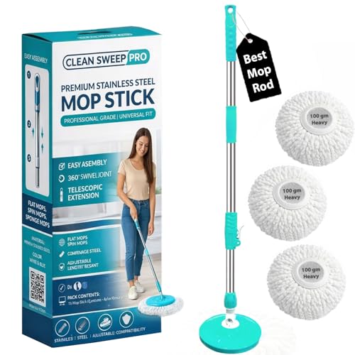 Image of Smart Spin Mop Stick Rod Only Mop with Stick | Spinning Mop Stick with Stainless Steel Handle & 3 Microfiber Refills | Adjustable Heavy Duty Mop Rod for Floor Cleaning