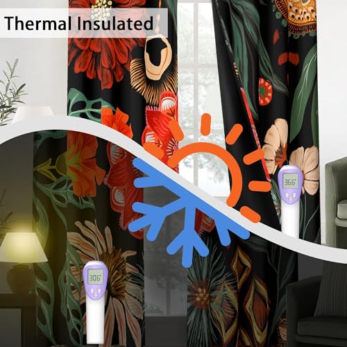 Image of Tyrot Black Floral Grommet Blackout Curtains, 52W x 45L, 2 Panels