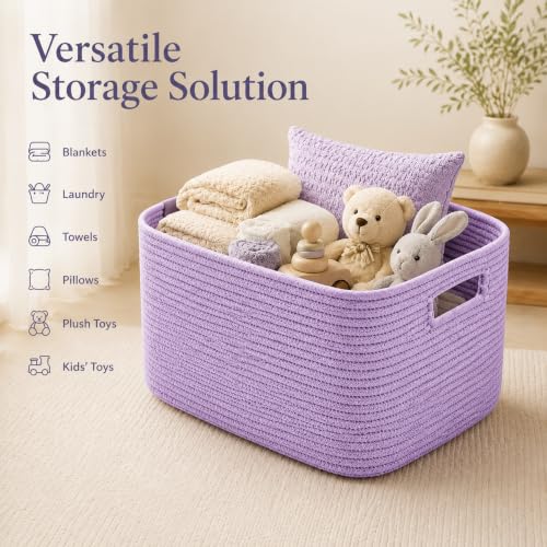 Image of 15.4GAL Rope Laundry Basket for Dorm, Cute Boho Square Woven Basket for Living Room Throws Pillow Blanket Storage, Short Dirty Clothes Hamper for Baby Girls Boys Toys Stuffed Animal Towel Lavender