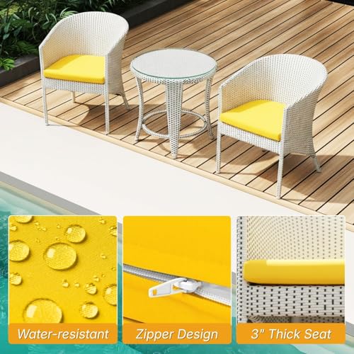 Image of DEVOKO Outdoor Patio 3-Piece Wicker Chair Table Set with Double Waving HDPE Rattan All Weather Resistant Furniture with Glass Top Table & Comfy Seat (White Black & Yellow)