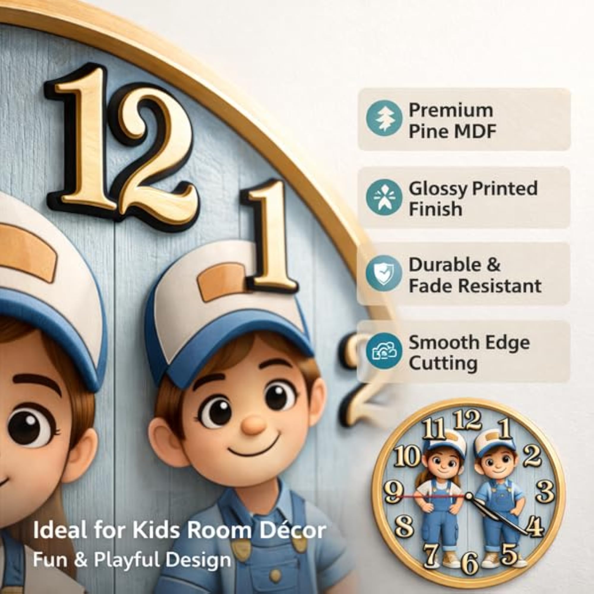 Kids Wall Clock 12x12 Inch, Cartoon Design