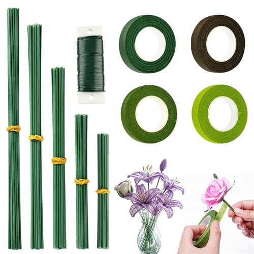 Eiyptzbqm Lot de 155 Tige Fleur Artificielle 5 Tailles Fil de Fer Fleuriste Vertes Floratape en Quatre Couleurs 35 m Tige Metal Fleur de Fer Galvanisé Peint Faciles à Utiliser pour à Faire Soi-même