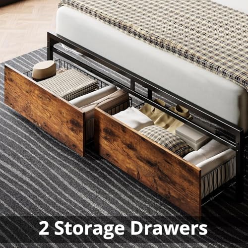 Image of LIKIMIO Full Size Bed Frame with 2 Drawers and Charging Station | Platform Bed with Upholstered Storage Headboard, No Box Spring Needed, Easy Assembly, Sturdy, Industrial Brown and Black