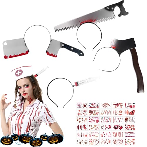 4 Pezzi Accessori Cosplay per Halloween, Cerchietto, Fascia Decapitare, 30 Tatuaggi Ferite, Decorazioni per Capelli, Adulti e Bambini