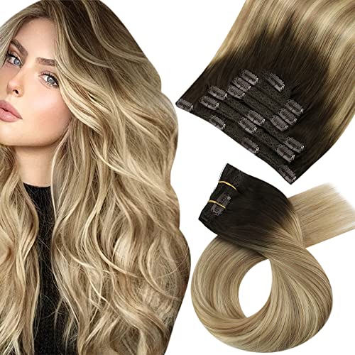 Moresoo Clip in Hair Extensions Real Human Hair Balayage Brown to Light Brown with Medium Blonde 18 Inch 7pcs/120G #3/8/22