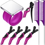 Magnetic Wrist Sewing Pincushion Pin Holder Wristband Pin Cushion Holder with 2 Pieces Stainless Steel Pintail Rat Tail Comb 5 Pieces Wide Teeth Alligator Sectioning Hair Clip for Hair Sewing (Purple)