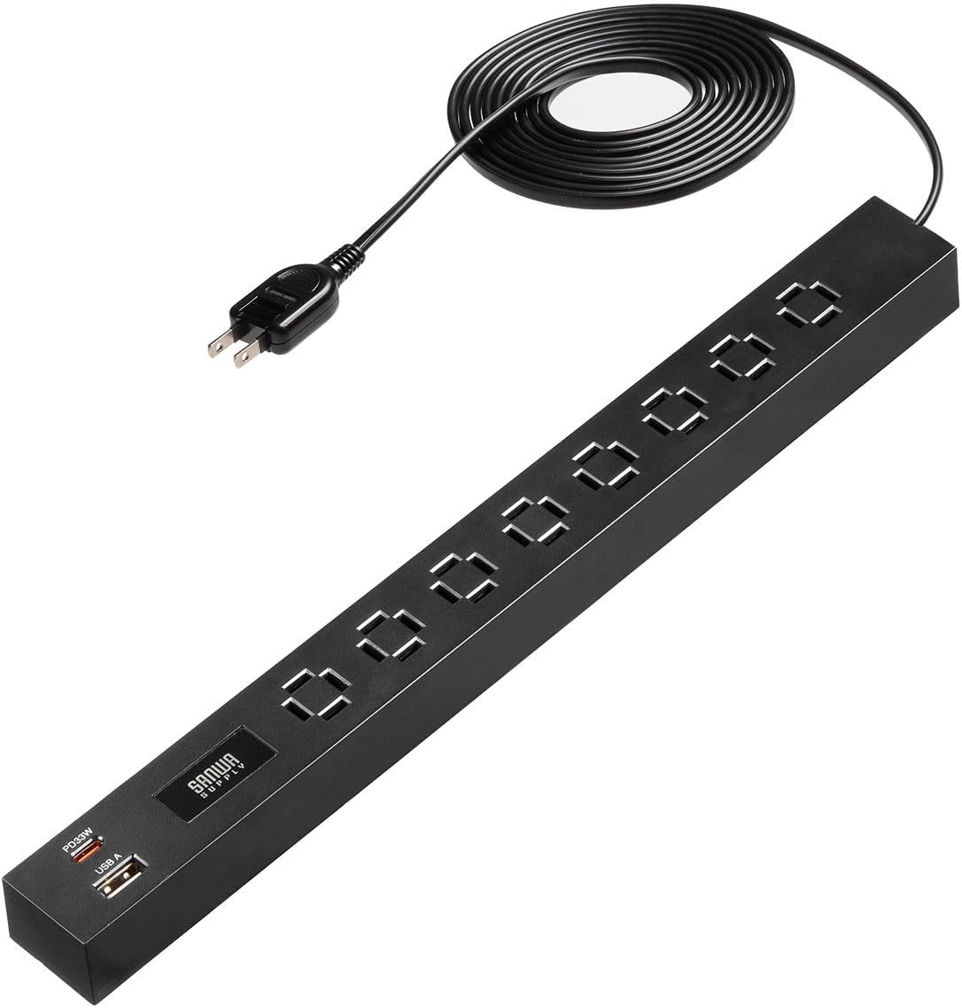 サンワダイレクト 電源タップ USB付き AC 8個口 3m Type-C USB A 急速充電 絶縁キャップ スイングプラグ 延長コード スリム ブラック 700-TAP082-3BK