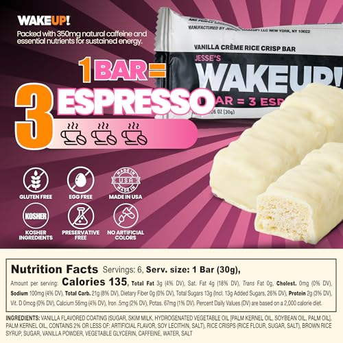 Image of WAKE UP! Caffeinated Vanilla Creme Bars, 3 Espressos, Gluten Free, 6 Pack