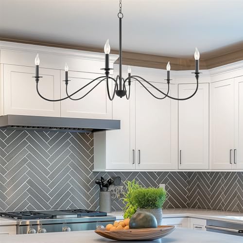 Kira Home Archer 47\" 6-Light Large Farmhouse Black Chandelier, Modern Black Ceiling Fixture with Elegant Curved Swoop Arms, Black Finish