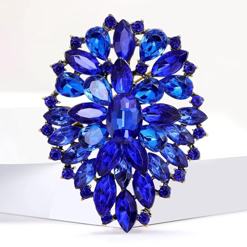 Image of Rhinestone Crystal Oval Brooch Premium Large Flower Brooch Blue /Red /Green /Gold /Silver /Purple Crystal Geometric Broochs Sparkling Lapel Pin Elegant Wedding Bridesmaid Dress Broachs Pin for Women