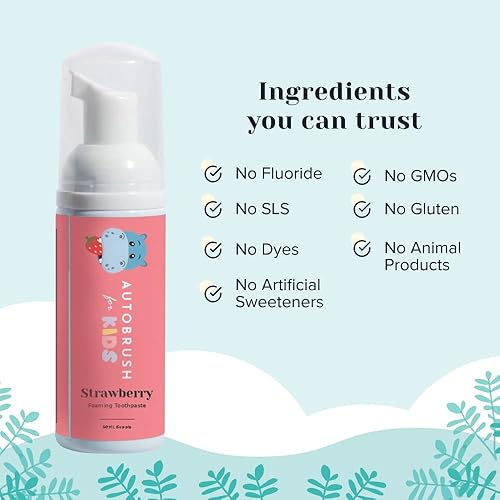 Miniatura 7 de AutoBrush Cepillo de dientes manual en forma de U para niños con pasta de dientes espumosa sin flúor de fresa, de 3 a 5 años, jirafa