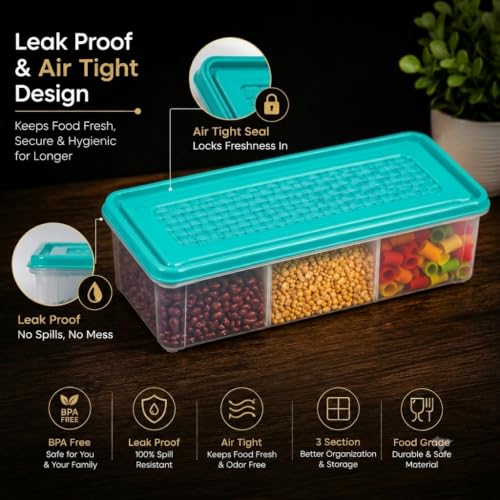Image of MAGIC SPOON Multipurpose 3 Section Storage Container | Spice Box, Pickle Jar, Fridge Organizer, Dry Fruit, Vegetable & Kitchen Storage Container- Combo Pack (2000ml X 2) (AQUA-BLACK)