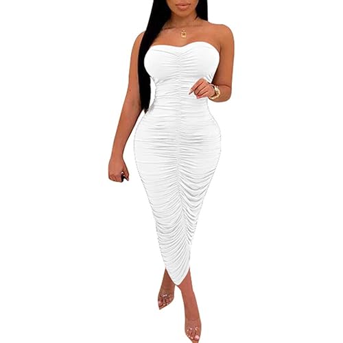 BEAGIMEG Women's Sexy Ruched Strapless Bodycon Tube Maxi Long Club Dress