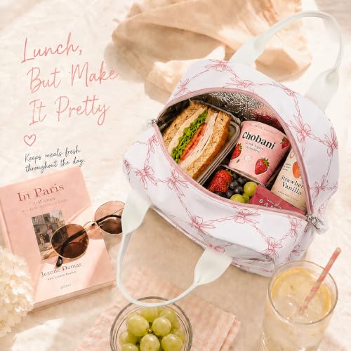 Image of LOVELYWIND Lunch Box for Women, Insulated Lunch Bag, Cute Bow Print Tote
