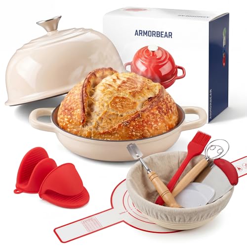Image of 5QT Enameled Cast Iron Sourdough Bread Oven & Starter Kit, White | Tight-fitting Dome Lid Helps Retain Steam, Baking Kit Supports Proofing, Scoring & Dough Transfer, Complete Artisan Bread Set