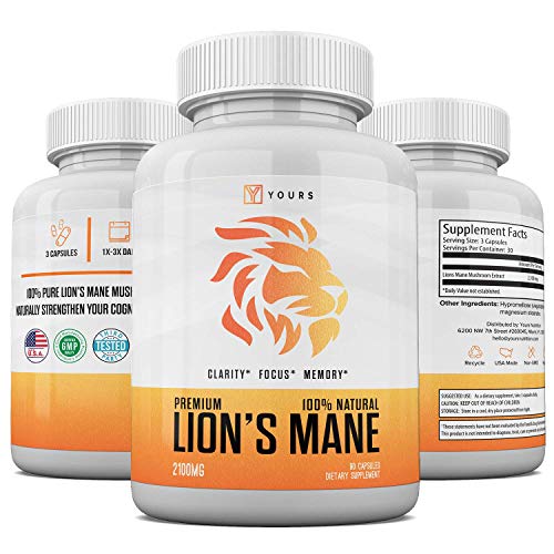 Natural Lions Mane Mushroom Capsules - Made in USA - Max Strength Immune System Booster 2100 mg Lion's Mane Powder in Veggie Capsules - Nootropic Supports Brain Functions - Memory GMO-Free Supplement