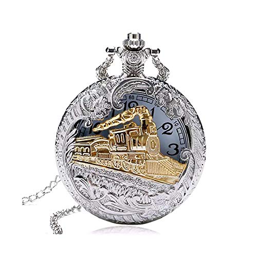 TPSKY Antique Pocket Watch,Hollow Locomotive Train Large Pocket Watch with Chain,Steampunk Pocket Watch, Best Gift for Men Women Boys, Christmas Birthday Graduation Valentines Day Gifts (Silver)