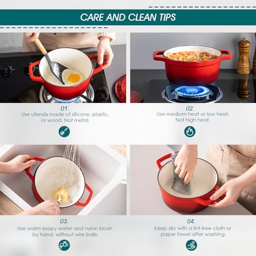 vancasso Cast Iron Pot, 2L Red Naturally Non-Stick Enameled Dutch Oven Cookware, with Stainless Steel Knob Lid Cast Iron Casserole for Steam Braise Bake Broil Saute Simmer Roast - 20cm - Image 6