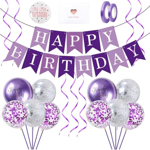 Mtjkkpo Happy Birthday Banner and Purple Birthday Decorations Set with Birthday Badge Balloons Ribbons Banners Card for Party Decorations Supplies