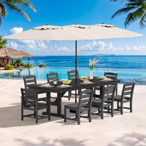 Image of SERWALL 10 Piece 84 inch HDPE Outdoor Dining Set for 8 with 6 Armless Chair, 2 Armchairs and Umbrella, Black