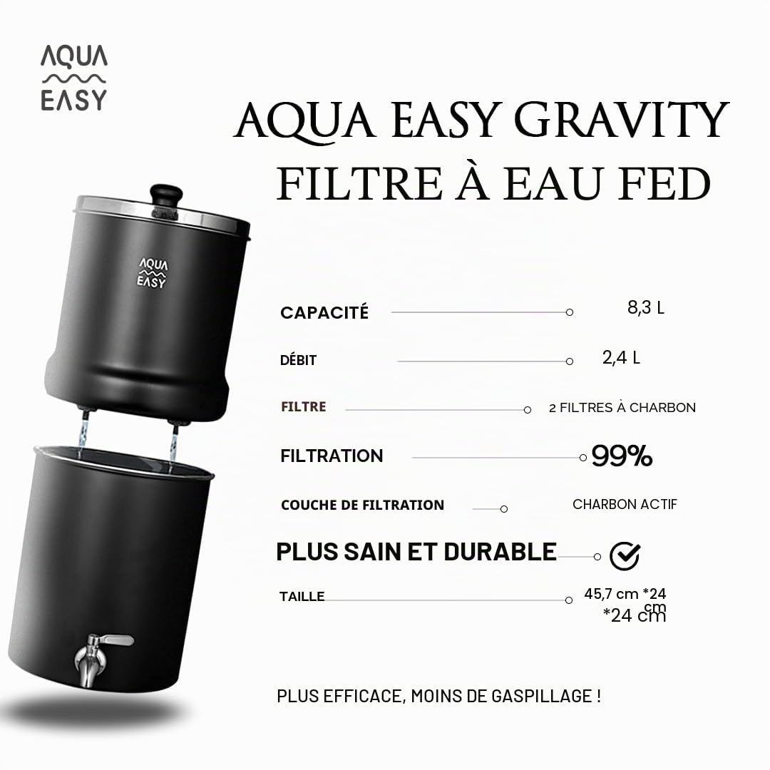 AquaEasy Système de filtre à eau par gravité en acier inoxydable (8,5 litres) avec 2 filtres à charbon actif, robinet et support en acier inoxydable | Système de filtration d'eau de comptoir (Matte)