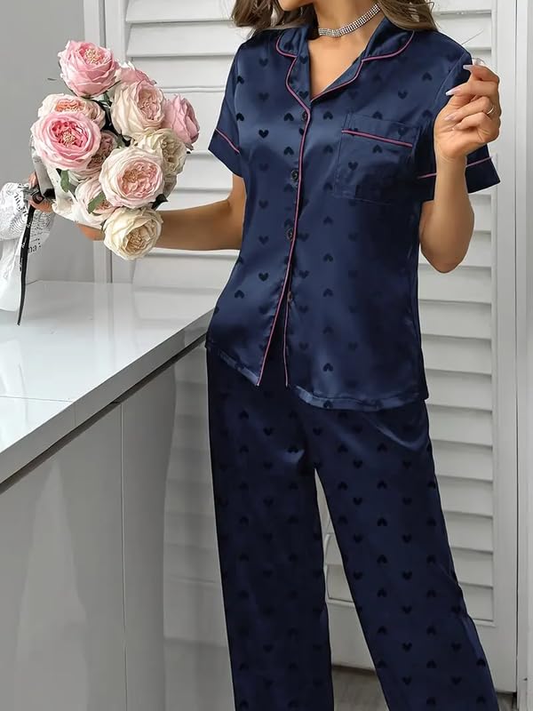 Image of Night Suit for Women with Full Sleeve Button-Down Top with Pant Dress for Woman,Night Dress for Woman, Two-Piece Loungewear Set
