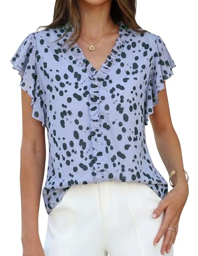 GRACE KARIN 2026 Boho Tops for Women Dressy Casual,Ruffle Sleeve Chiffon Blouse,V Neck Summer Fashion Cloth Blue Polka Dot M